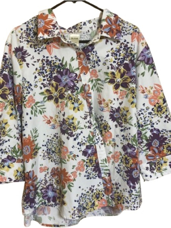 Blair Tops - BLAIR white floral button-up blouse with purple, orange & yellow accents in XXL